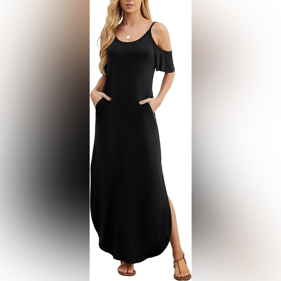 Cold Shoulder Maxi Split Dress w/ Pockets - Picture 1 of 9